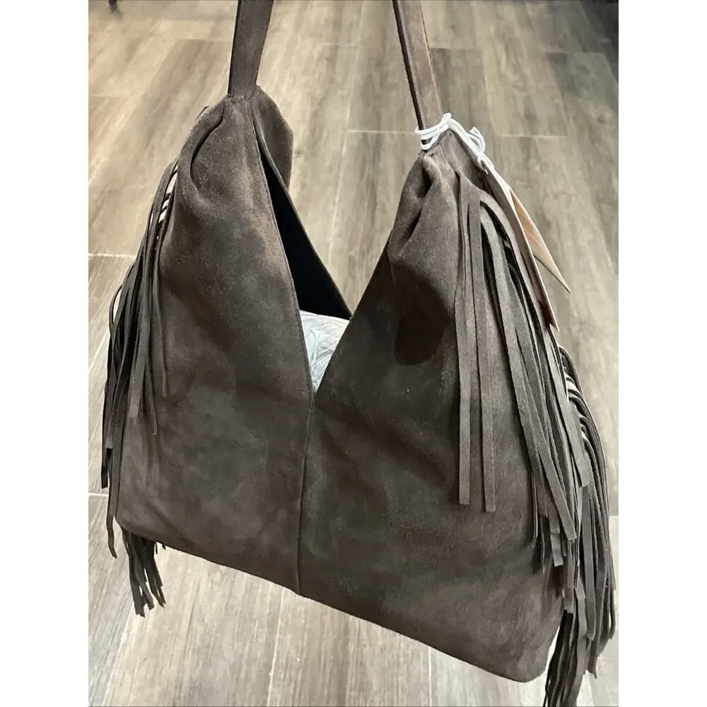 Divina Firenze Leather Fringe Hobo Bag Made in‎ Italy Chocolate Suede